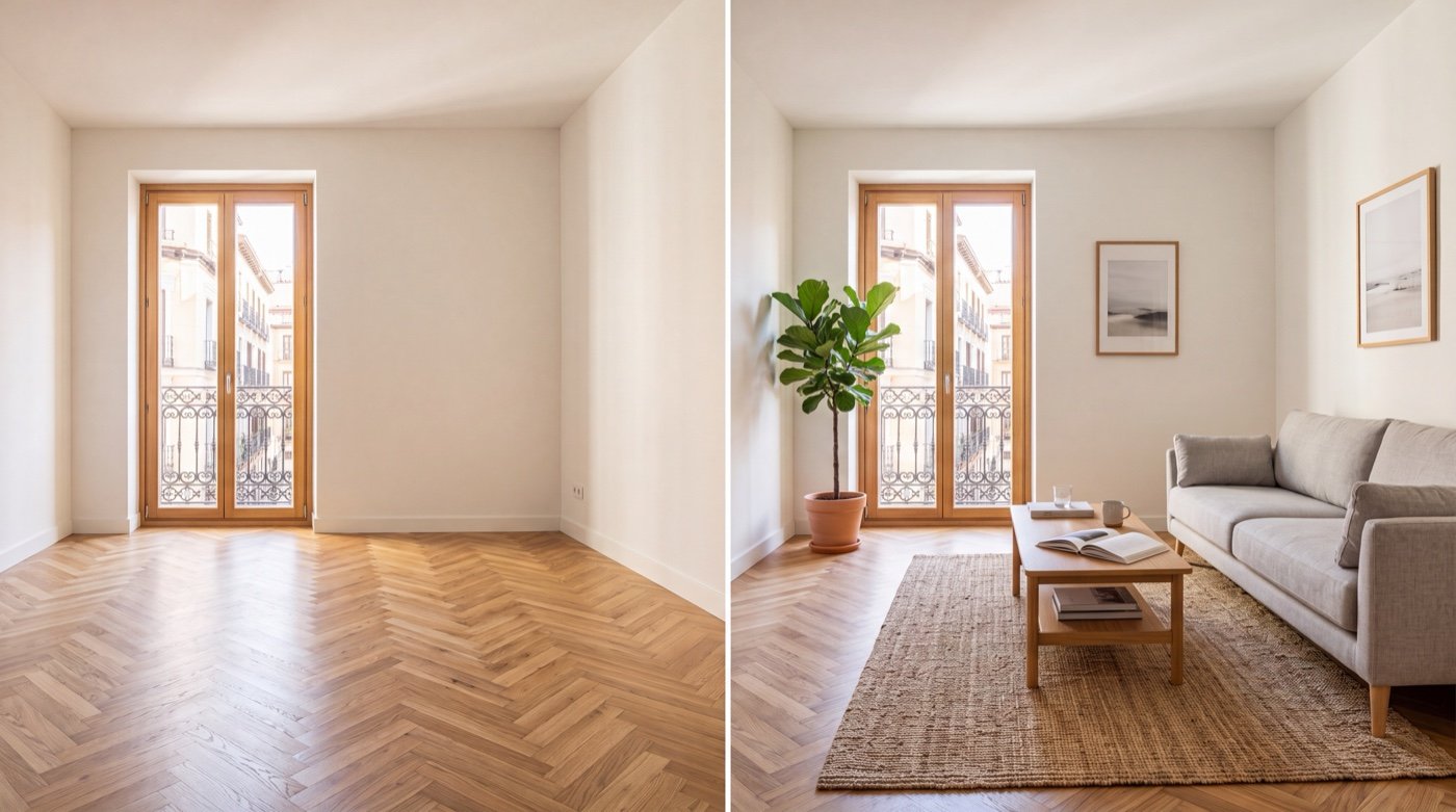 Comparación de un salón vacío y el mismo salón amueblado digitalmente