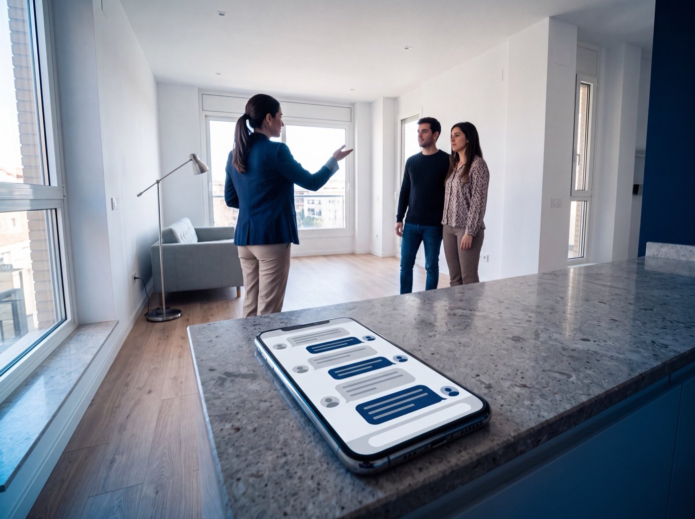 Agente inmobiliario enseñando un piso mientras su móvil recibe mensajes que el sistema atiende automáticamente